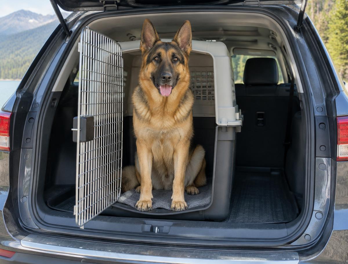 German Shepherd sitting comfortably in a travel crate in a parked SUV