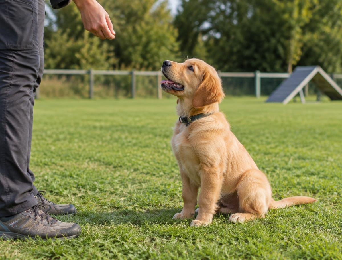 Golden retriever puppy practicing obedience with a trainer whose face is outside the frame