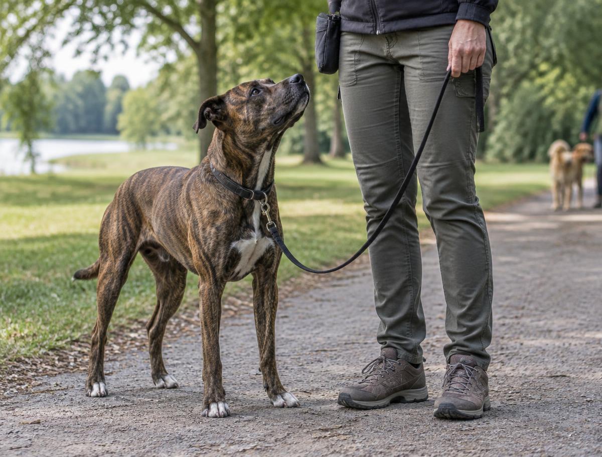Brindle dog calmly focusing on a handler on a loose leash