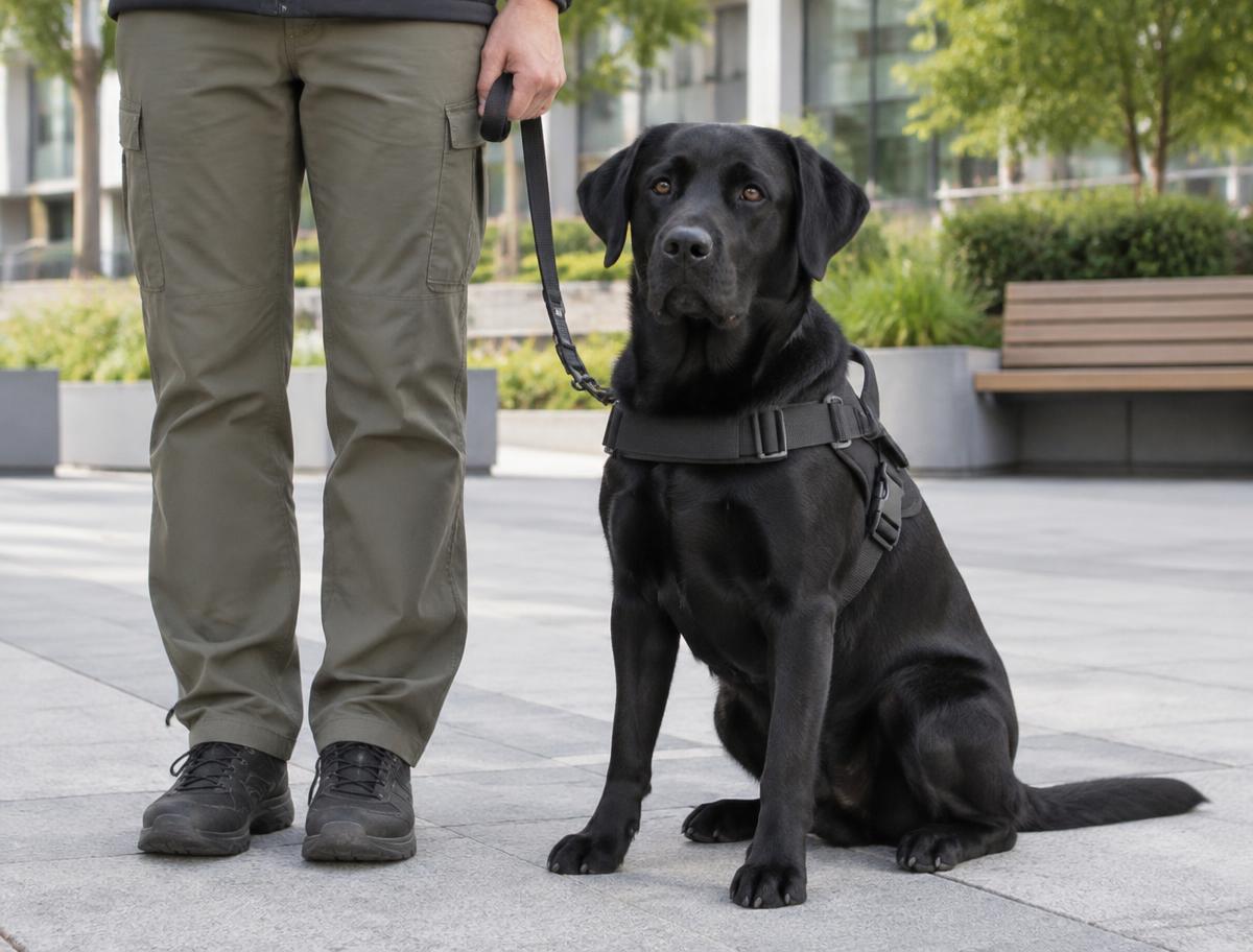 Labrador in a service harness sitting beside a handler's legs